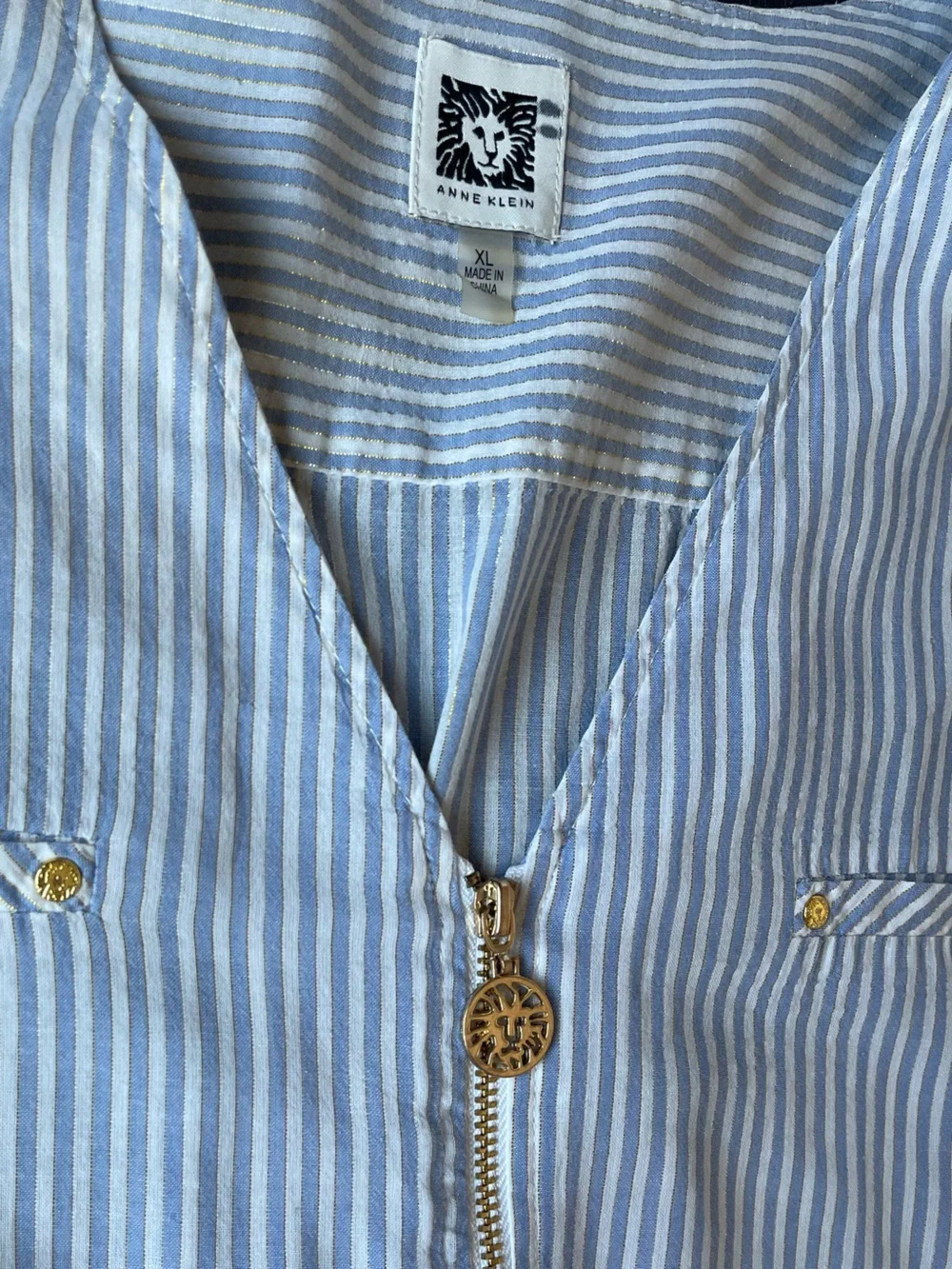 Anne Klein Swimsuit Cover Up Full Zip Blue White Gold Pinstripe Coastal Size XL